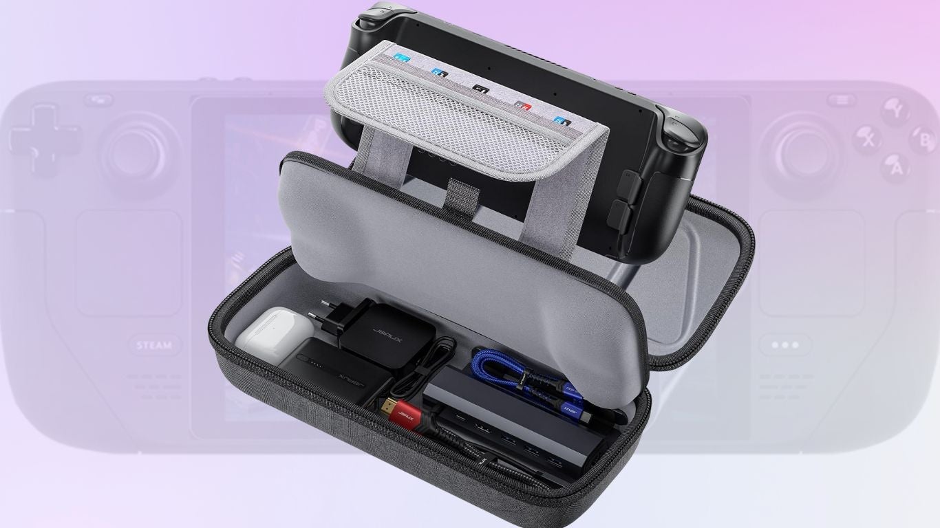 JSAUX Hard Shell Case on a purple gradient background with a transparent Steamdeck