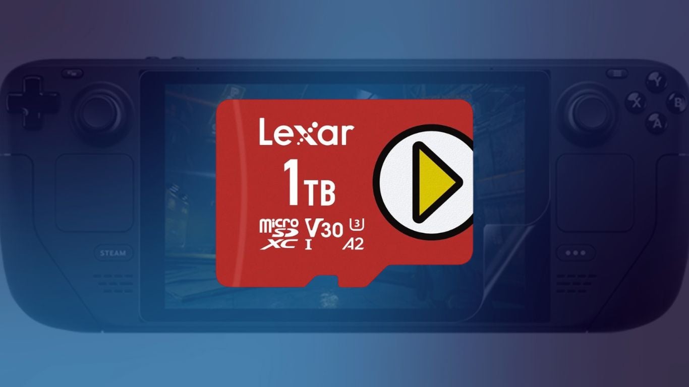 Lexar Play 1TB MicroSD on a dark purple gradient with Steamdeck background
