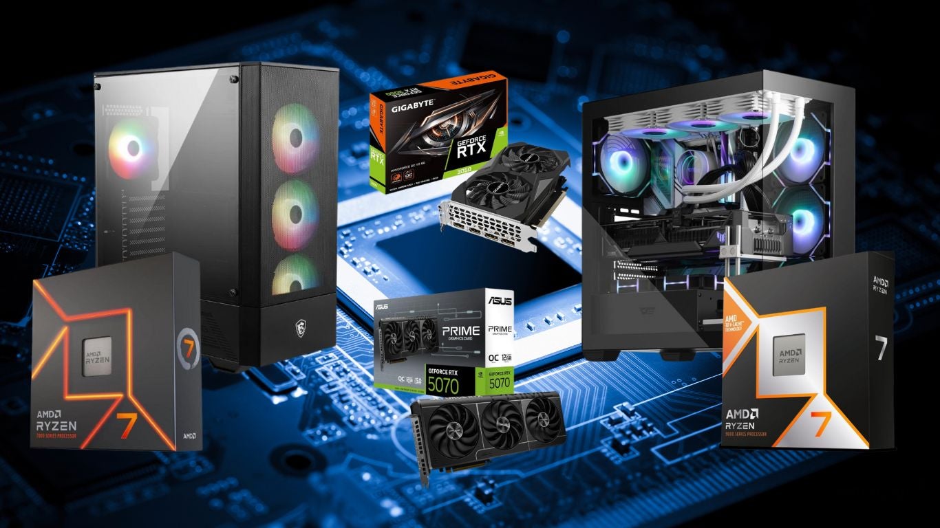 PC Components that are in the Amazon Spring Sale on a blue motherboard and CPU background