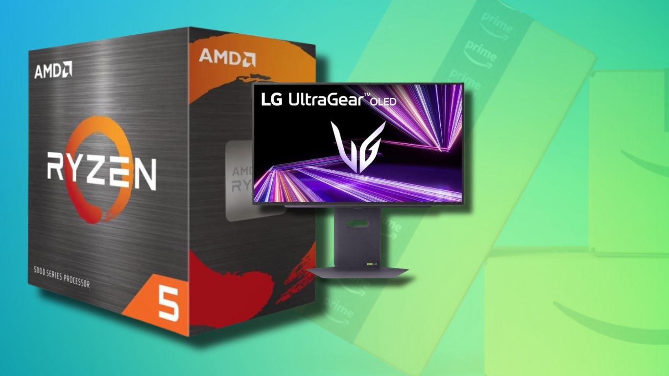 AMD Ryzen 5 processor and LG Ultragear Monitor connected  an Amazon Prime day-themed background