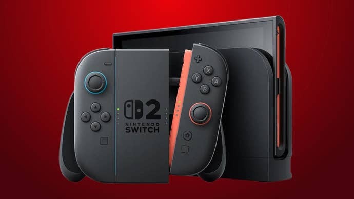 Nintendo Switch 2 in docked mode on a red gradient background