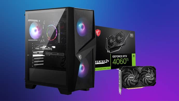 MSI CODEX R2 C14NUD7-214US and MSI GeForce RTX 4060 Ti VENTUS 2X BLACK 16G OC connected a purple gradient background