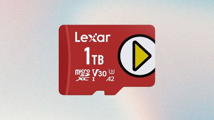 Lexar 1TB Play Micro SD Card connected a glitter gradient background