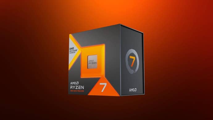 AMD Ryzen 7 7800X3D connected a orangish gradient background