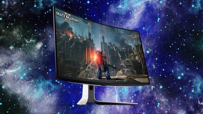Alienware 32 4K QD-OLED Gaming Monitor - AW3225QF connected a abstraction background