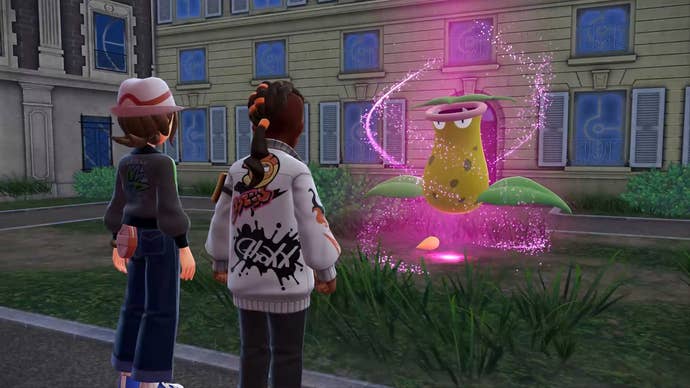 Pokémon Legends: Z-A official screenshot showing you and Naveen standing in front of a rogue Victreebel