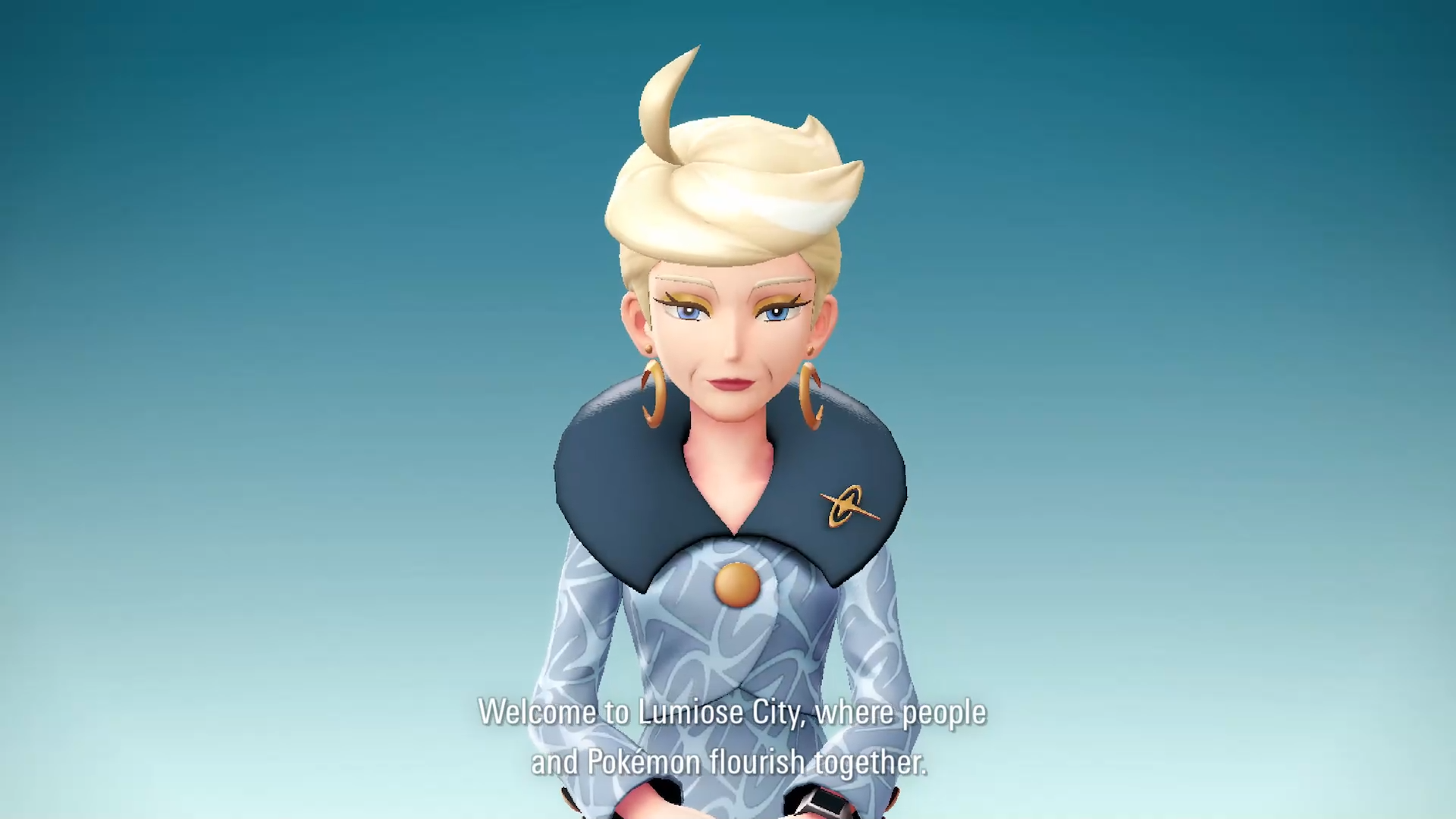 Pok&eacute;mon Legends: Z-A official screenshot showing Quasartico Inc's corporate boss giving a speech