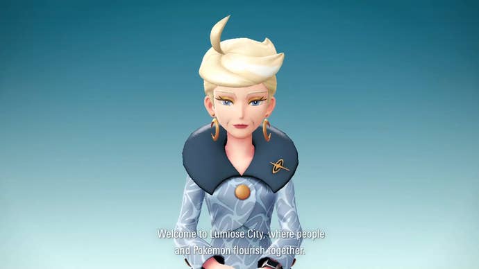 Pokémon Legends: Z-A official screenshot showing Quasartico Inc's corporate boss giving a speech
