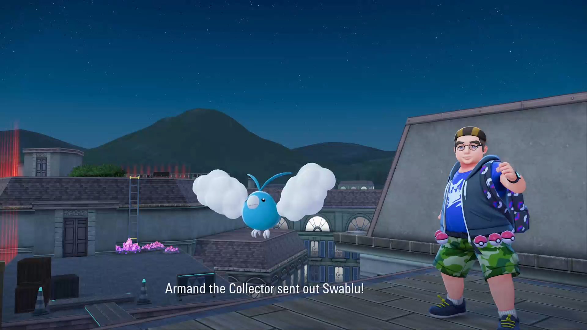 Pok&eacute;mon Legends: Z-A official screenshot showing an opponent with a Swablu