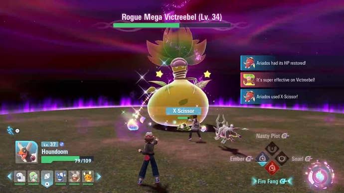 Pokémon Legends: Z-A official screenshot showing a battle against a Rogue Mega Victreebel in circular, purple-glowing arena
