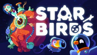 The key art for Star Birds, featuring a toucan and a black pigeon in space suits, floating around a large asteroid with various contraptions built on its surface.