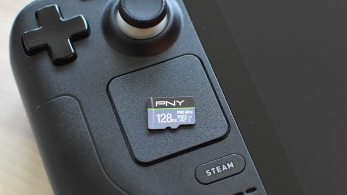 A PNY Pro Elite microSD card on top of a Steam Deck.