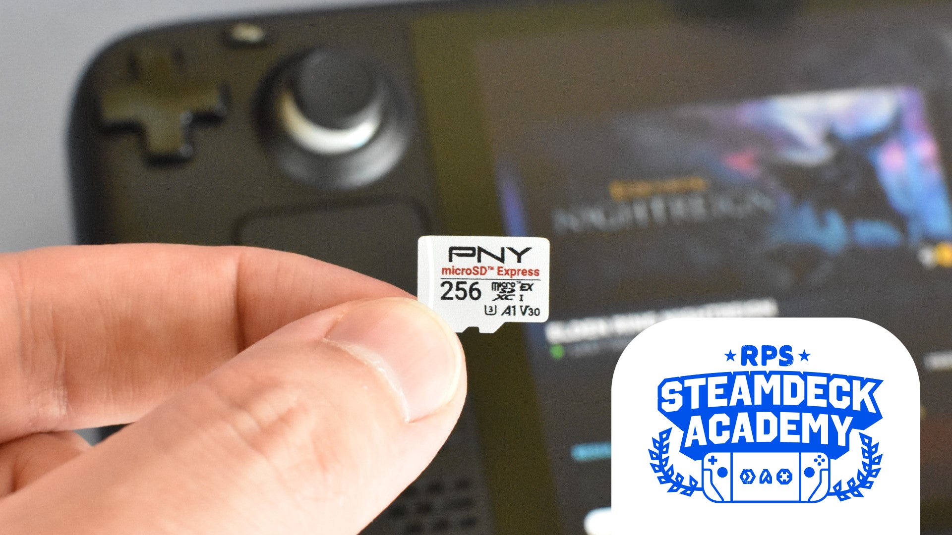 The PNY microSD Express card being held in front of a Steam Deck. The RPS Steam Deck Academy logo is added in the bottom-right corner. - 1