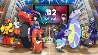Pokémon Scarlet and Violet characters with the Nintendo Switch 2 in the background