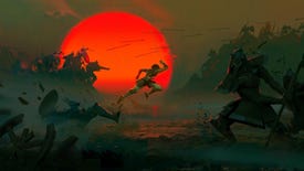 Concept art of a warrior running across a battlefield with a large red sunset behind him in Prince Of Persia: The Lost Crown