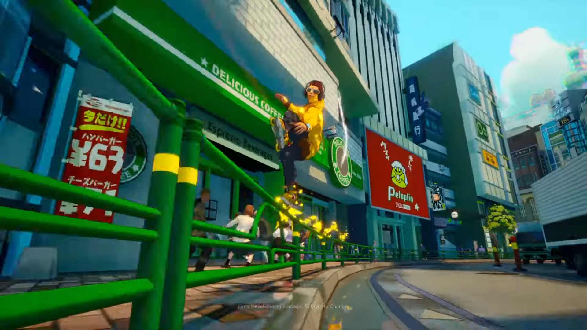 A screenshot from Sega&rsquo;s Jet Set Radio, showing a character grinding along a railing.