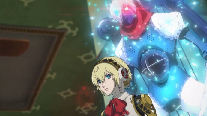 Persona 3 DLC anime screenshot showing blonde anime robot girl with glowing persona figure behind her