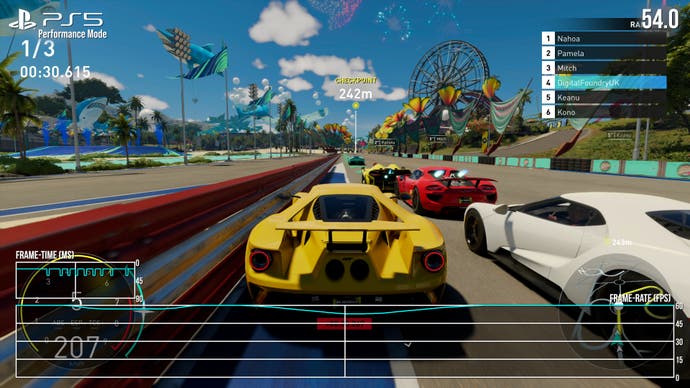 ps5 performance screenshot in the crew motorfest showing a minor drop from 60fps