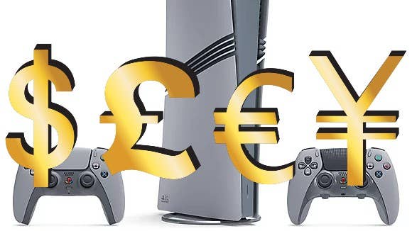PS5 Pro anniversary console with money symbols overlayed on top of it