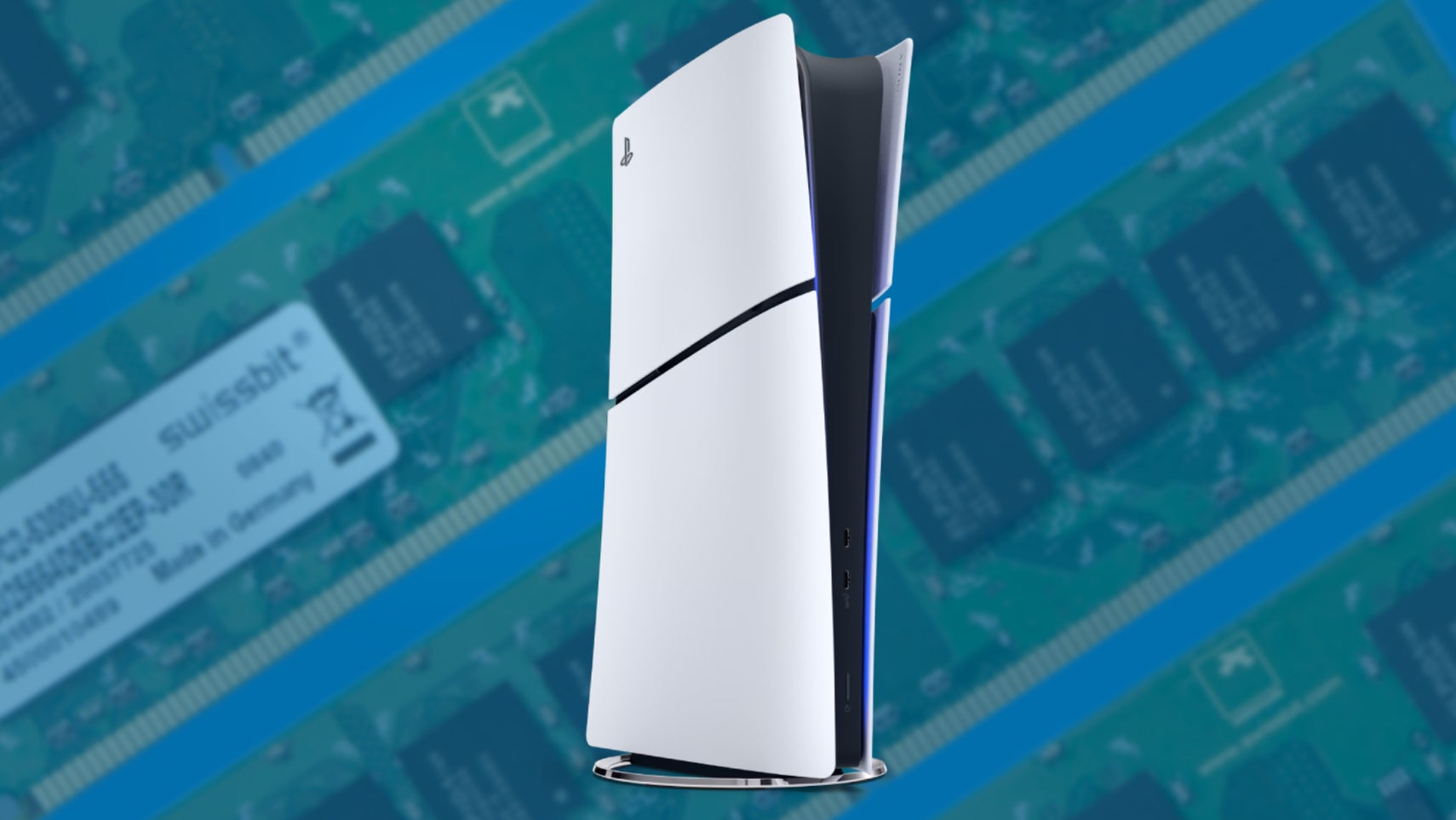 A PS5 console over strips of RAM, slightly blurred on a blue background