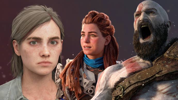 A trio of PS5 characters, in a line, over a vague version of the PS5 home screen. Left to right, there’s Ellie (The Last of Us), Aloy (Horizon Forbidden West) and Kratos (God of War).