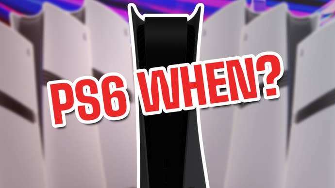 A series of PS5s with a blacked out silhouette over the top, and the text ‘PS6 When?"