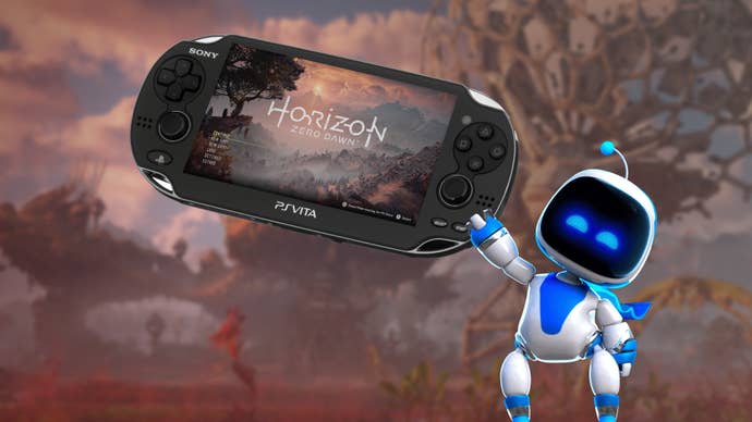 A small Astrobot holds a PSVita aloft that’s showing a Horizon Zero Dawn sceenshot
