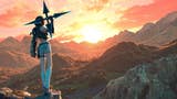 Artwork of Yuffie from Final Fantasy 7 Rebirth holding shuriken looking out at a sunset and mountains
