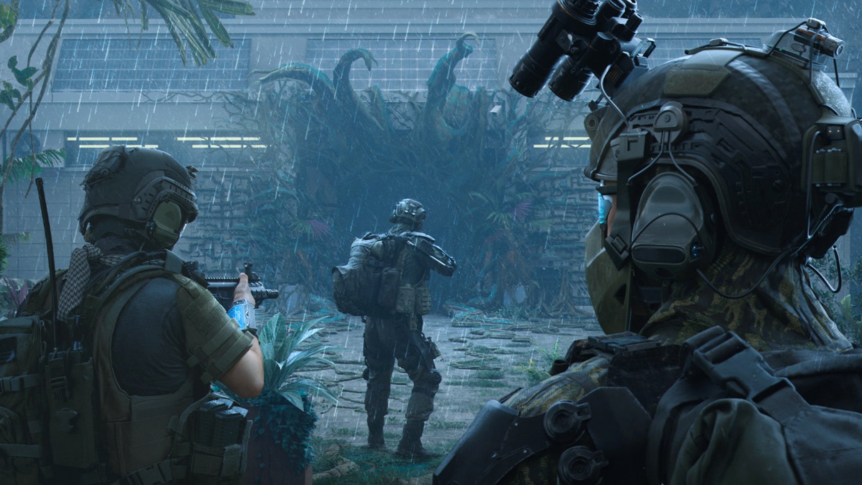 PUBG: Black Budget artwork showing three soldiers with guns entering a strange facility