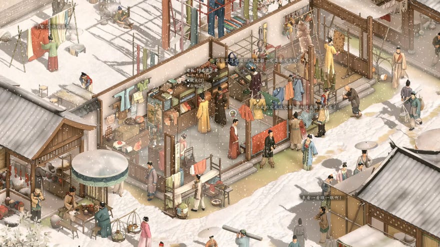 A snowy street in The Bustling World with cross-sections of people mingling indoors