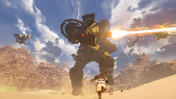 A stone golem fires a laser from his hand in a desert area from Granblue Fantasy: Relink.