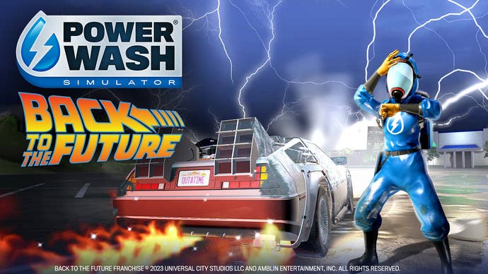 Artwork showing PowerWash Simulator’s Back to the Future add-on.