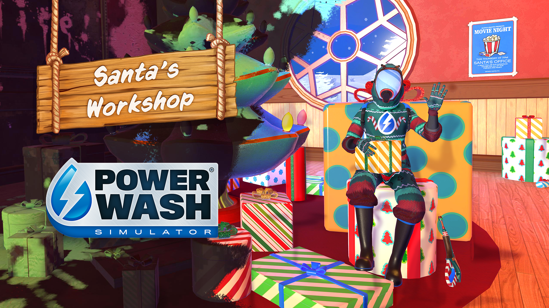 A PowerWash Simulator player sat in Santa's workshop dressed up in a festive suit