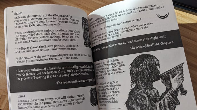 A double page spread of The Banished Vault's physical manual on Exiles, with an illustration of a man drinking from a cup