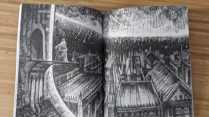 A double spread illustration of The Banished Vault's monastery in the physical game manual