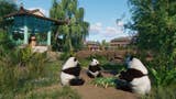 A group of four pandas sits eating bamboo in a China-inspired zoo enclosure in Planet Zoo