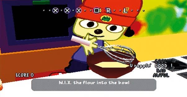 PaRappa the Rapper mixes flour while baking