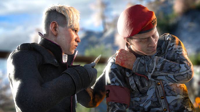 Pagen Min holds a knife to a soldiers neck in Far Cry 4