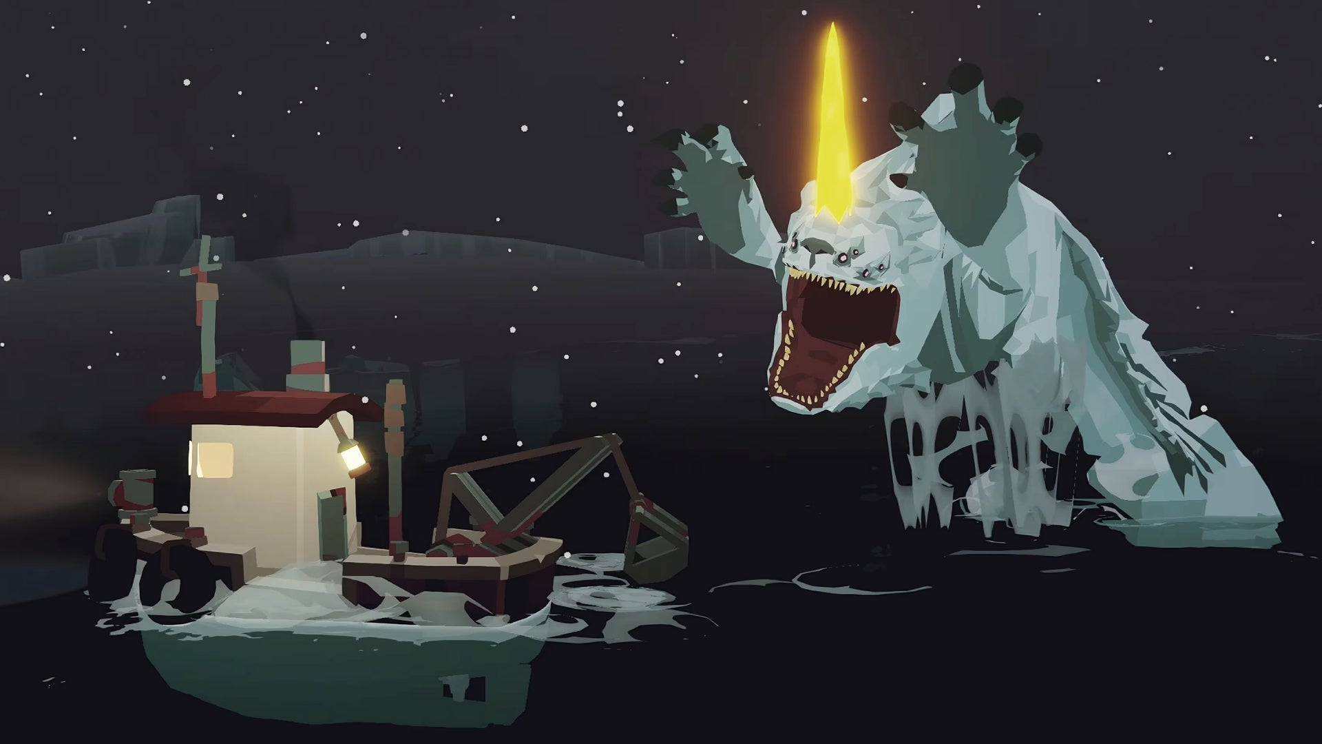 A monster leaps out of the ocean about to crush a small boat in Dredge, The Pale Reach DLC. - 1