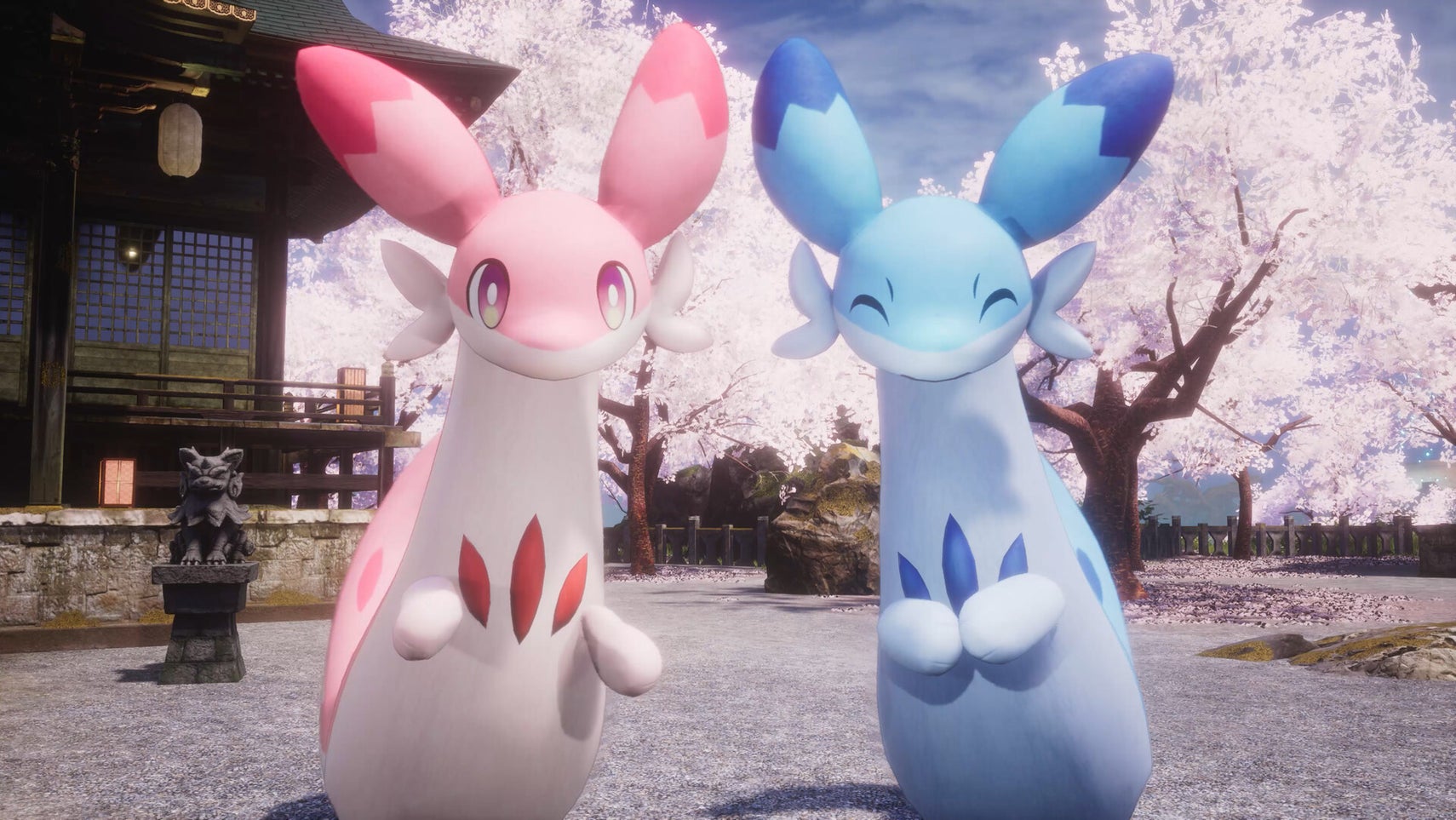 Palworld screenshot of two fluffy Pals with big ears, one pink and one blue