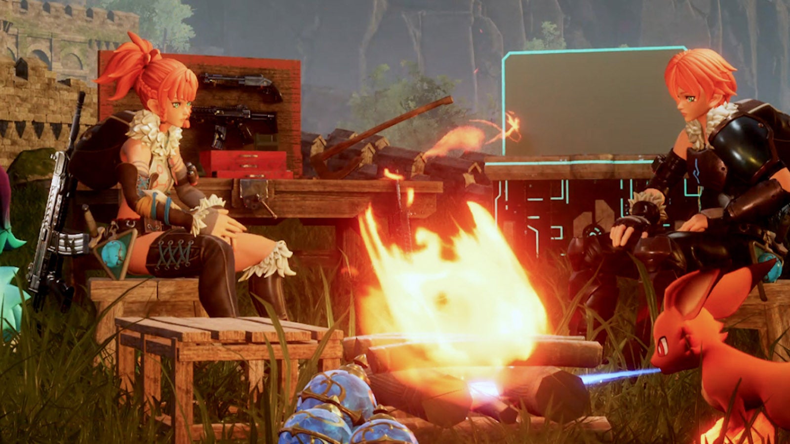 Two Palworld characters sit around a Campfire with their Pals.