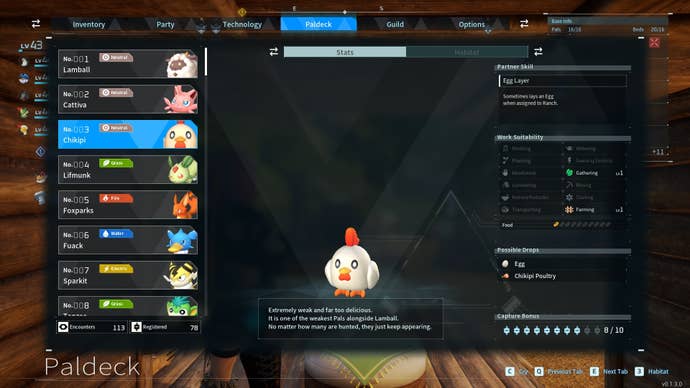 Chikipi’s entry in the Paldeck in Palworld