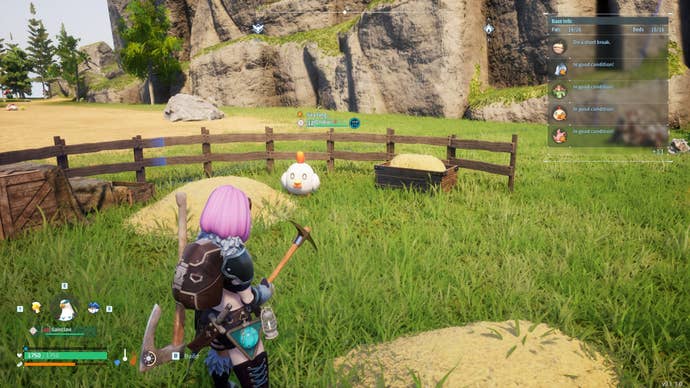The player watches a Chikipi graze at a Ranch in their base in Palworld