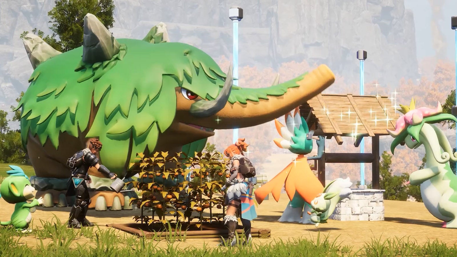 Palworld artwork showing two characters watering crops with five Pals stood around them.