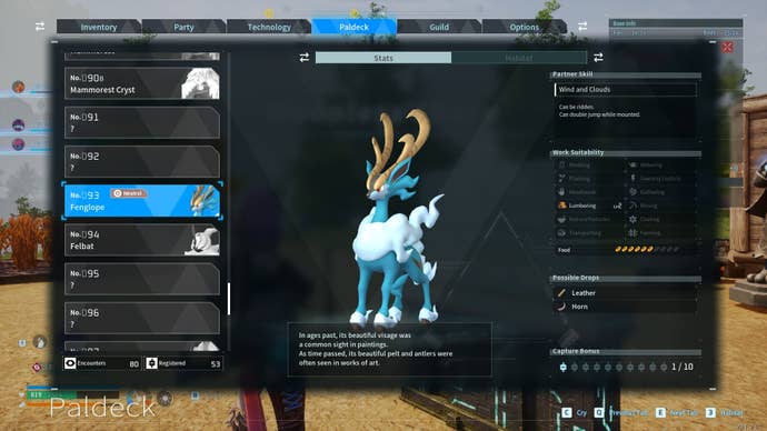 Fenglope’s entry in the Paldeck of Palworld is shown