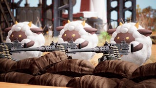 Three sheep looking Pal creatures firing guns at sand bags in Palworld.