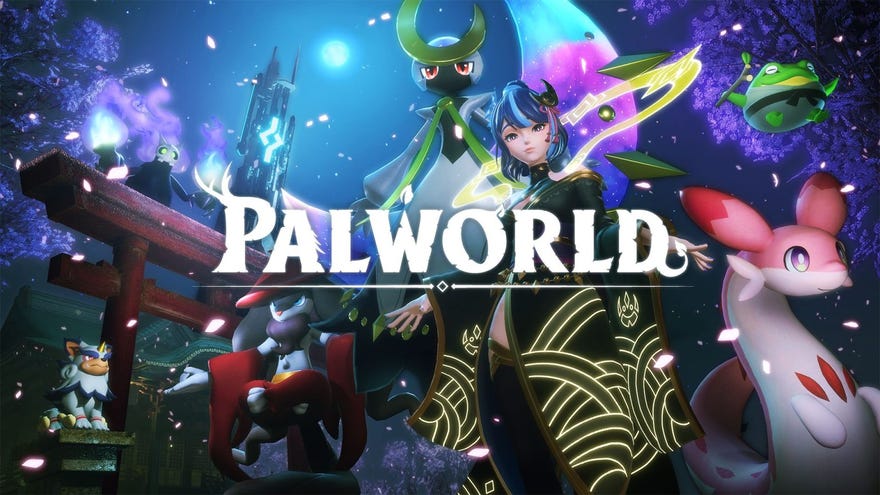 Some Palworld art with a human character standing in amongst a group of monsters against a moon-lit night sky