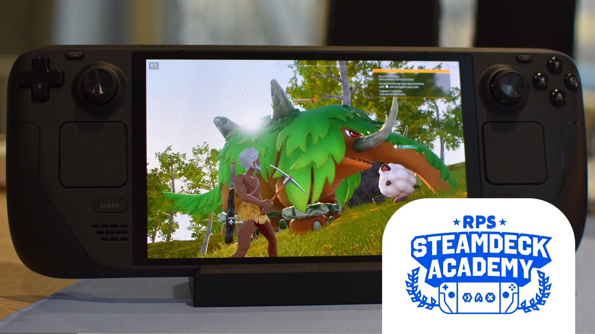 Palworld running on a Steam Deck. The RPS Steam Deck Academy logo is added in the bottom right corner. - 1