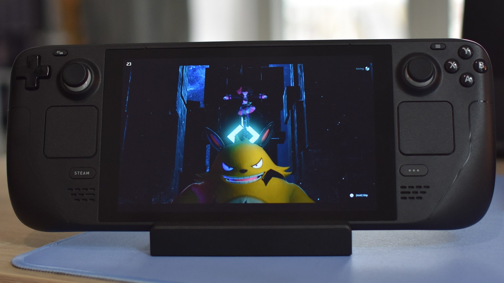 Palworld boss Zoe jumps onto the head of her Grizzbolt in a cutscene, shown on a Steam Deck. - 5