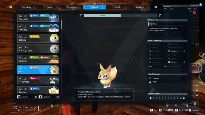 Vixy’s entry in the Paldeck is shown in Palworld